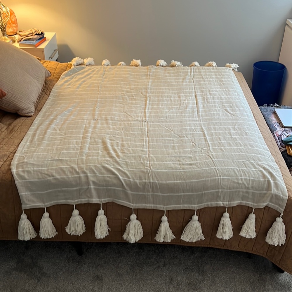 Tan Striped Mudpie Throw Blanket with Tassels